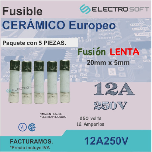 5pz Fusible Cerámico Europeo 12a 250v Fusión Lenta Slow Blow