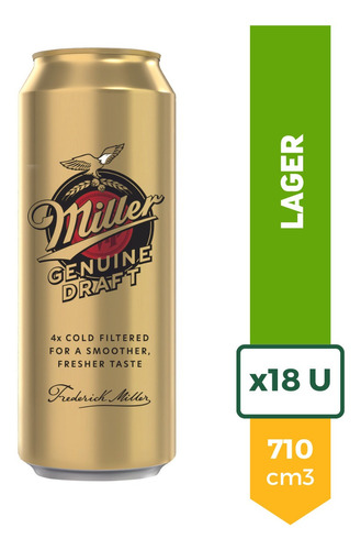 Imagen 1 de 9 de Cerveza Miller Genuine Draft Lata 710ml Pack X18 La Barra