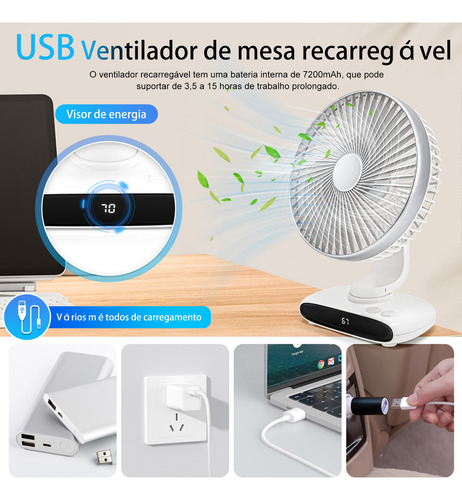 Ventilador de Mesa e Parede Gllai N702 Ajustável Silencioso e Portátil 18cm Cor branco com Bateria Recarregável 4 a 8 horas de uso Sem Ruído 7200mAh