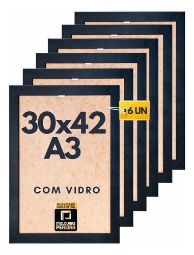 Kit Com 6 Moldura Quadro Poster 30x42 Tamanho A3 Com Vidro 