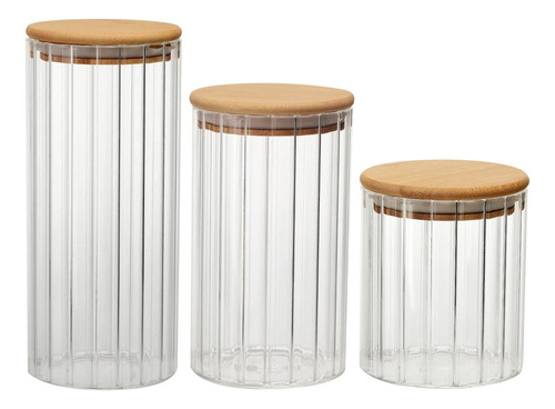 Kit 3 Potes Hermético Vidro Borossilicato Com Tampa De Bambu