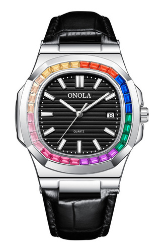 Reloj Onola Leather Rainbow Diamond Quartz Color De La Correa Negro