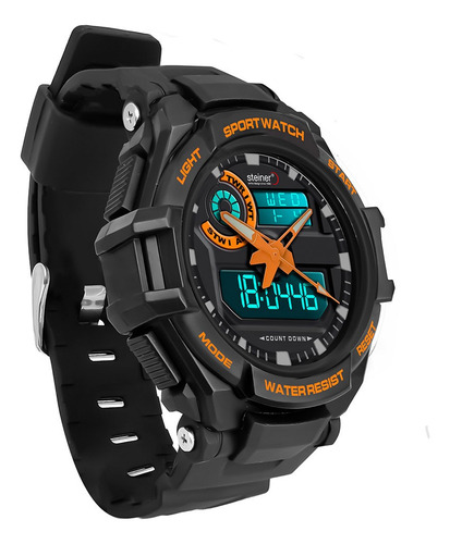 Reloj Análogo Digital Para Caballero, Steiner. Bisel Negro Fondo Naranja