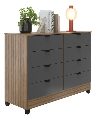 Cômoda Industrial 8 Gavetas P/ Quarto Casal Organizador De Roupas Cor: Cinza Com Madeirado E Design Moderno E Sofisticado Mod. Gk
