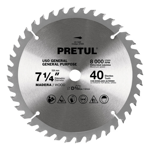 Disco Sierra De 7-1/4  Para Madera Con 40 Dientes