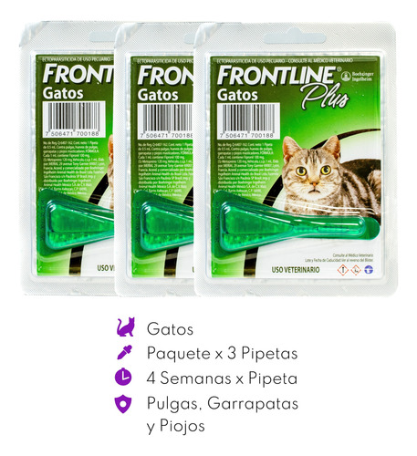 Frontline Plus De 1 Pipeta Pack De 3 Para Gato Verde