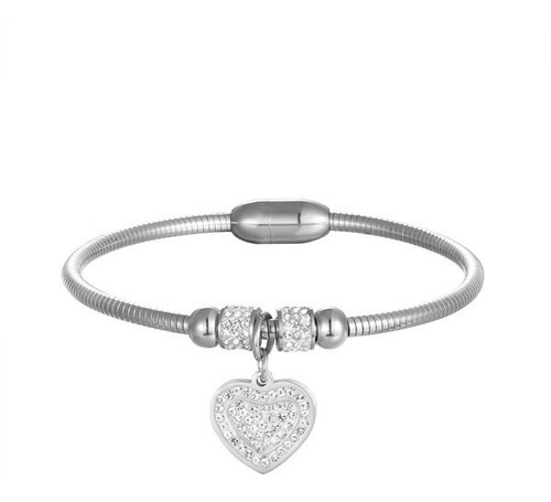 Romántica Pulsera Bangle Con Dije Corazón Con Zircones