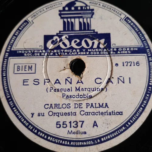comprar Pasta Carlos De Palma Su Orquesta Caracteristica Odeon C486