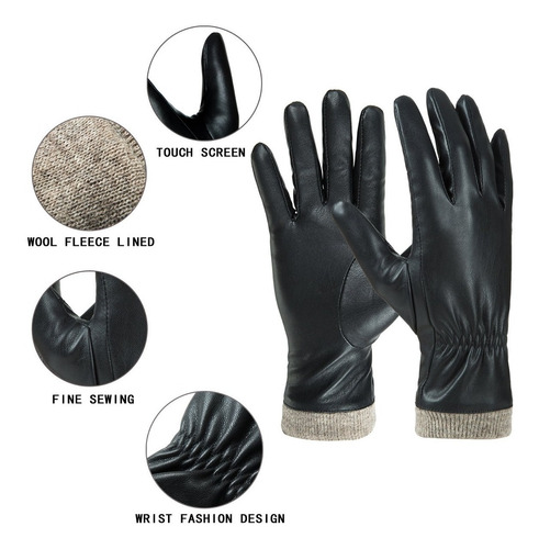 Imagen 3 de 7 de Guantes De Cuero De Invierno Para Mujeres, Forro Polar De