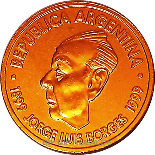 Argentina Moneda 2 Pesos Borges Año 1999 Bañada Con Oro 24k