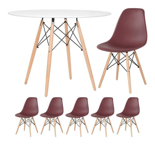 Kit Mesa Jantar Eames Wood 100 Cm  5 Cadeiras Eiffel Cores Cor Da Tampa Mesa Branco Com Cadeiras Marrom