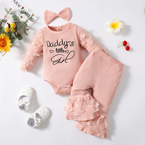 3pcs Conjunto Tierno Bebé Con Mariposas Pantalón Acampanado Rosa 3-6 M