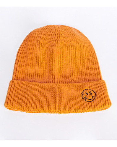 Gorro Tejido Naranja Claro Con Doblez Y Carita Feliz Bordada