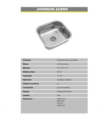 Imagen 4 de 10 de Pileta Simple Bacha Ee37 Acero Johnson Cocina 430 Envios