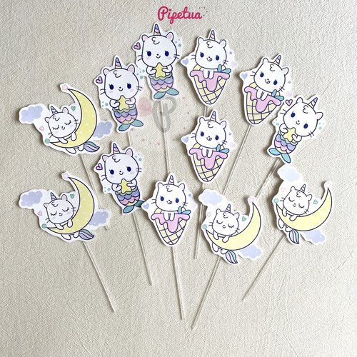 Pinchos Para Cupcakes X12 Gatito Arcoiris Toppers Gato