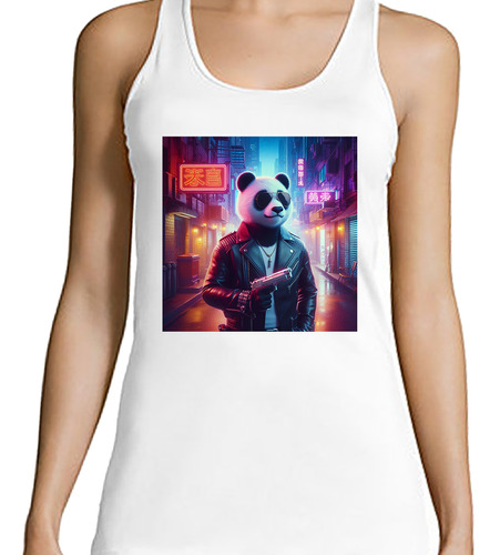 Musculosa Mujer Panda Arma Chaqueta Cuero Barrio Chino