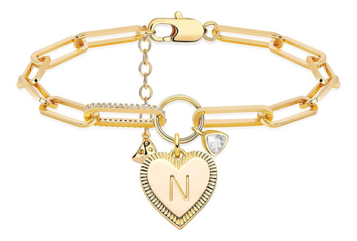 Pulsera De Corazon Chapado En Oro De 18k Con Letra Inicial N