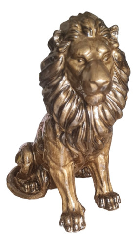 Escultura Leon En Resina Simil Marmolado. 25cm De Altura. Dorado Oscuro