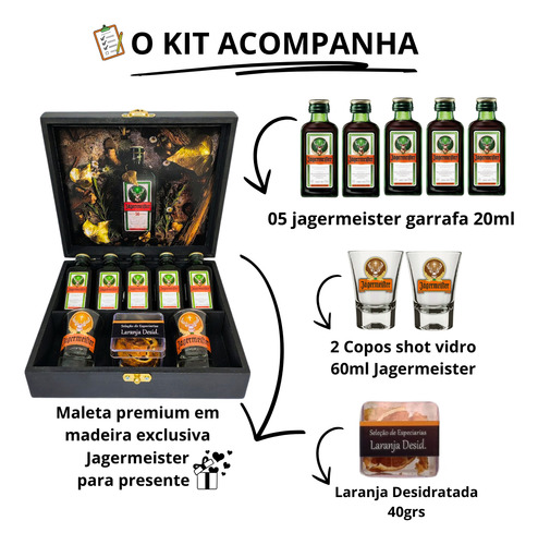 Caixa Kit Jagermeister 5 20ml + Copos + Laranja Citrus Drink