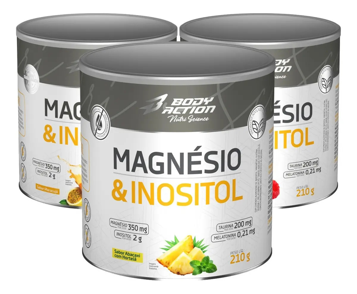 Kit 3x Magnésio Inositol Taurina Melatonina 210g Bodyaction Sabor Variado