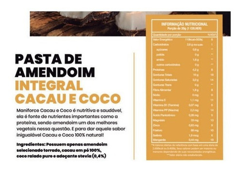 Imagem 3 de 3 de Maniforce Pasta De Amendoim Cacau E Coco 500g Zero Açúcar