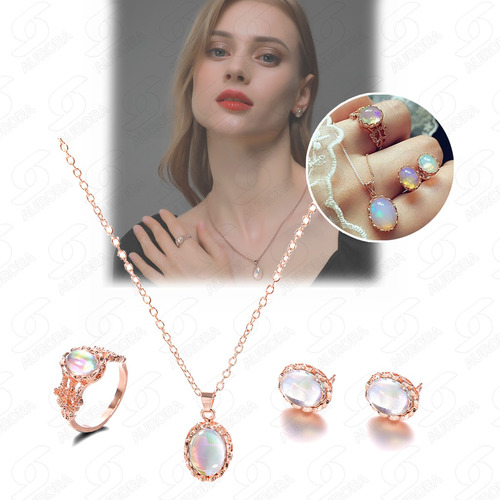 4pcs Collar Conjunto De Cadena Oro Joyas Aretes Anillo Mujer