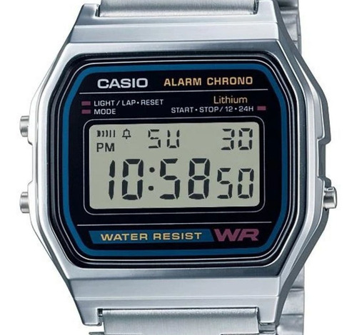Reloj pulsera Casio Vintage A-158 de cuerpo color plateado, digital, fondo gris, con correa de acero inoxidable color plateado, dial negro, minutero/segundero negro, bisel color plateado, luz verde y hebilla de gancho
