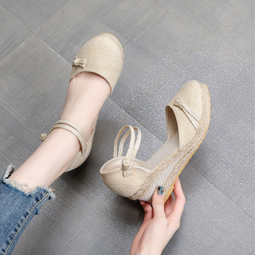 Sandalias De Punto Con Punta Redonda Y Cuña Con Lazo Para Mu