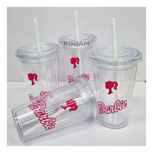 Vaso Barbie Girl Cine Acrílico Con Tapa Sorbete 500ml Rosa