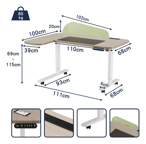 Escritorio Altura Ajustable Con Enchufe Forma L 150x68/100cm