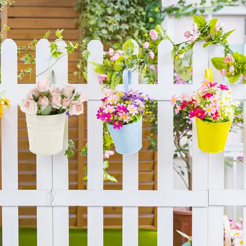 Cubo De Metal Para Colgar Flores De Hojalata Con Decoración