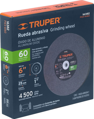 Rueda Recta Amolar Piedra Oxido Aluminio 6'' Grano 60 Truper