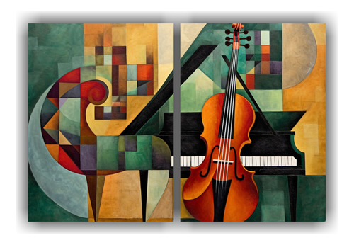 100x65cm Cuadro Abstracto De Piano Y Violín En Tonos Brilla