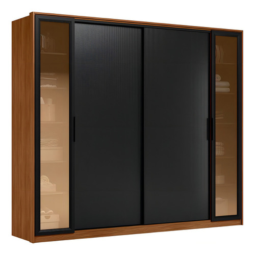 Guarda-Roupas Casal 4 Portas Vidro Reflecta Multimóveis CR35225 Cor Nogueira/preto Tx