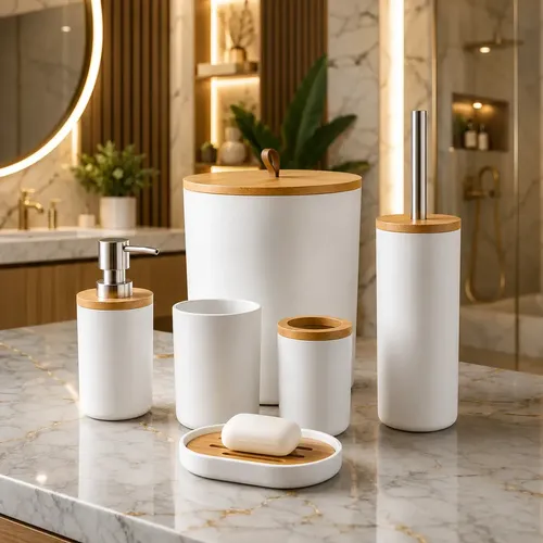 Kit Acessórios Banheiro 6 Peças Lixeira Escova Sanitária Dispenser Sabão Líquido Porta Escova Dente Saboneteira Cor Branco