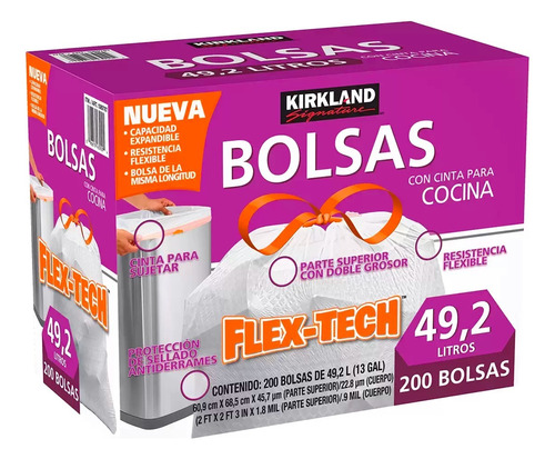 Bolsa De Basura 49.2l 200pz Kirkland Signature Flex-tech Cst