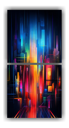 140x70cm Conjunto Cuadros Abstractos Ciudad En Luces Neón