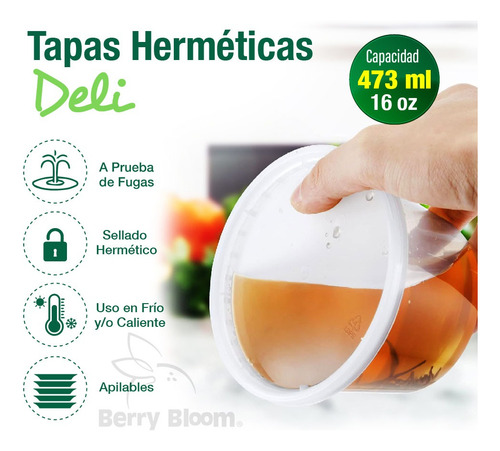 Berry Bloom 250 Envases para Alimentos Transparentes Reutilizables Deli: Tapas de Sellado Hermético, Ideales para Alimentos Fríos y Calientes, Apto para Microondas (16 onzas)
