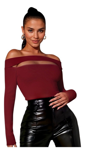 Blusa Asimetrica Ajustada Hombros Descubiertos Manga Larga