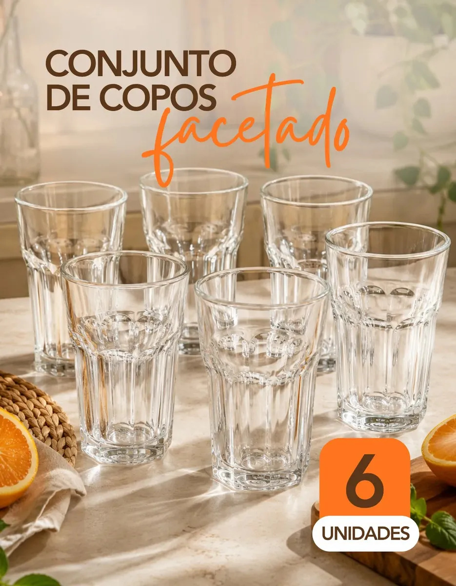 Conjunto Kit 6 Copos 400 ML Vidro Grosso E Resistente Facetado
