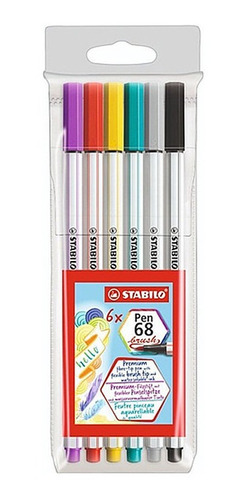 Caneta Stabilo Brush Pen 68 6 Cores Ponta Pincel