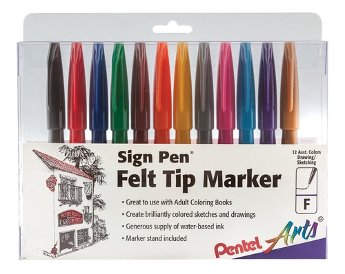 Pentel Felt Tip Sign Pen, Set De 12 Colores Surtidos