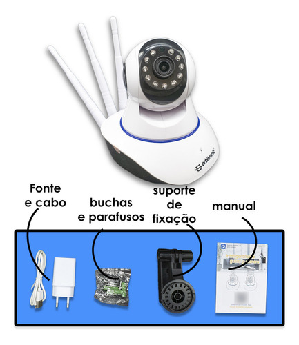 Câmera Segurança 3 Antenas Ip Onvif Wifi Wireless Orbitronic Cor Branco