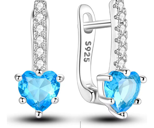 Aretes Arracadas Plata Pand Zirconia Circonia Corazón Azul