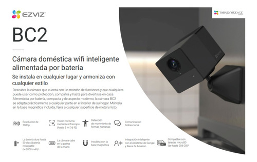Imagen 2 de 9 de Ezviz Bc2 Ip Wifi Sd Interior A Bateria Con Audio Mini Espia