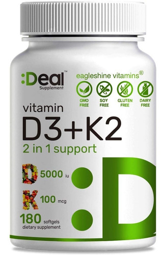 Vitamina K2 100mcg + D3 5000iu 2 En 1 180 Caps Deal Eg D14 Sabor Sin Sabor