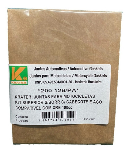 Jogo De Juntas Superior Kit A 4mm Cg 160 Para 190cc Krater