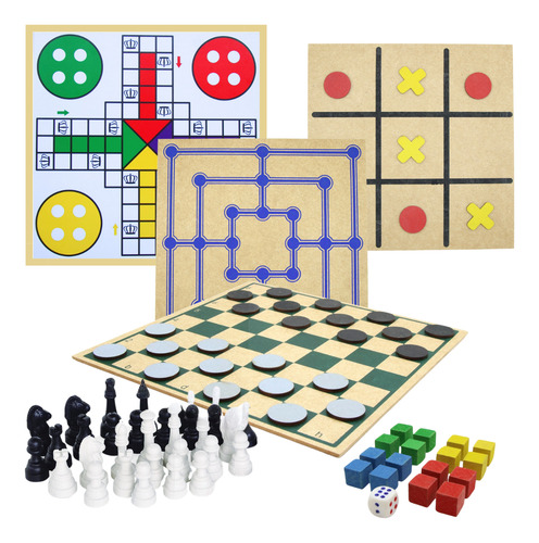 Conjunto 5x1 Jogos Tabuleiro Xadrez Ludo Dama Trilha Velha