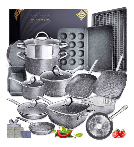 Juego Utensilio Cocina Granito Olla Sarten Antiadherente