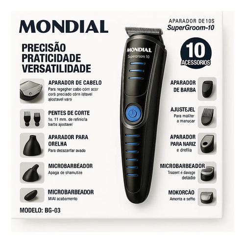 Mondial Barbeador Bg-03 Kit Barbeador Aparador Mondial Multi Groom 10 Em 1 Branco Cor Preto/azul 110v/220v